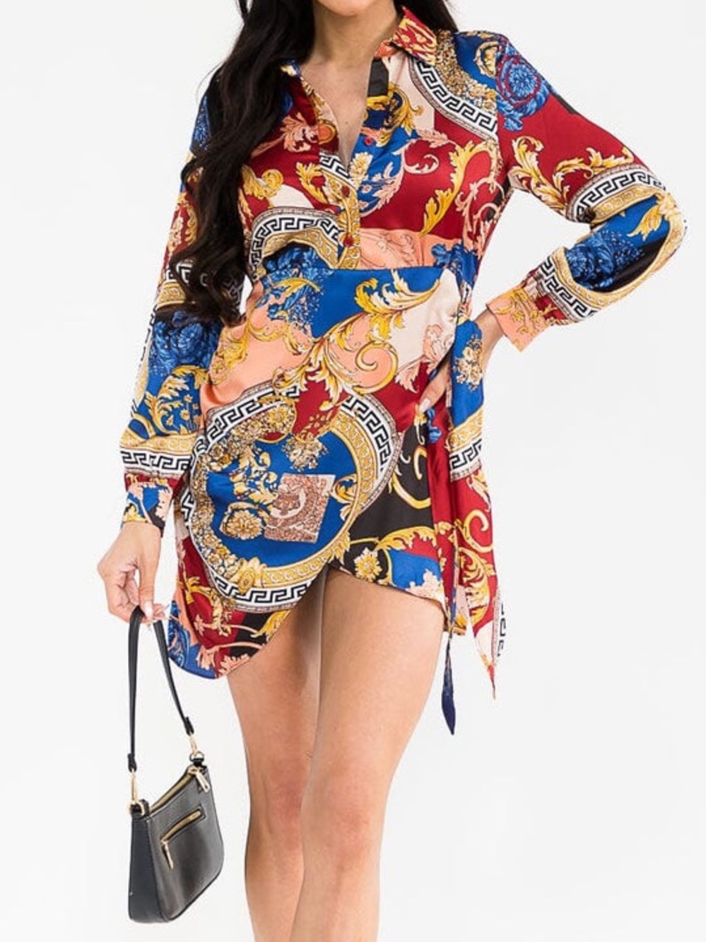 🟠NWT CIEN Greek Key and Chain Print Wrap Style Mini Dress **Versace Vibes**